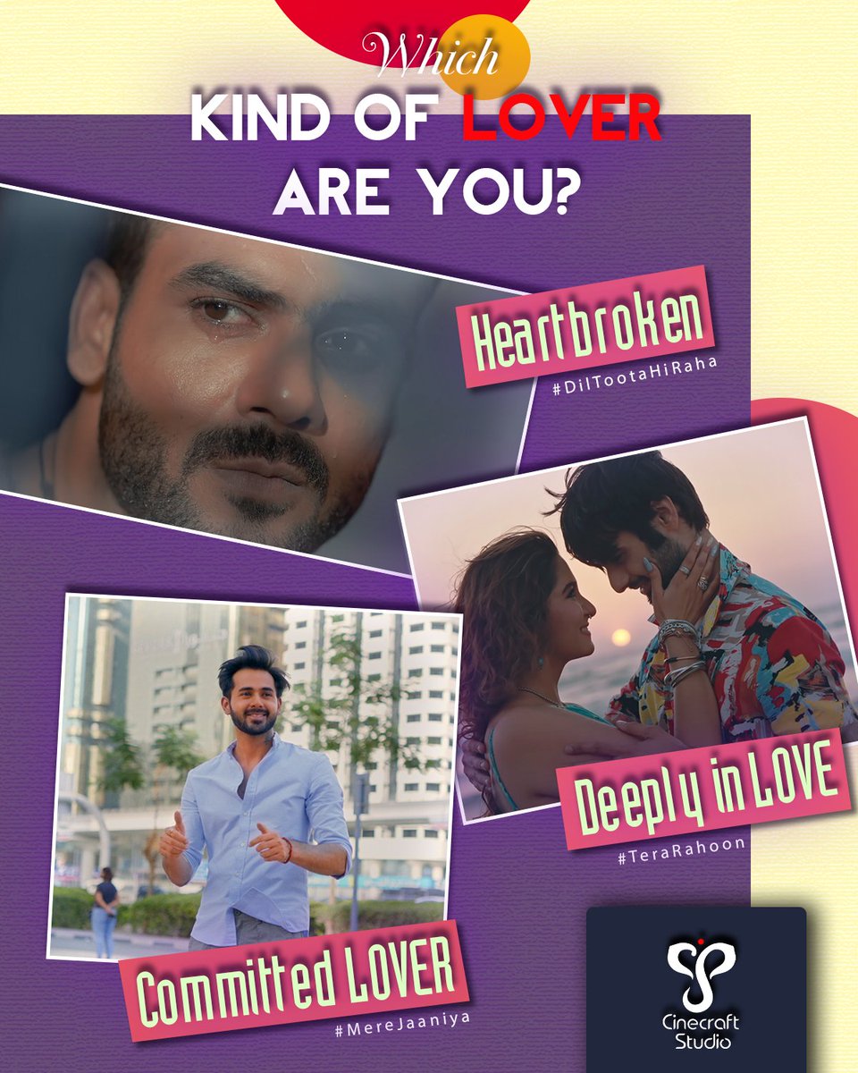 CinecraftStudio's tweet photo. Which kind of #Lover are you?😉

Comment below👇👇

#VishalAditiyaSingh #VarunKapoor #RandeepRai #TeraRahoon #DilTootaHiRaha #MereJaaniya #CineCraftStudio #MohammedIrfan #AmitMishra #DigvijaySinghPariyar https://t.co/rHbNvKCGeh