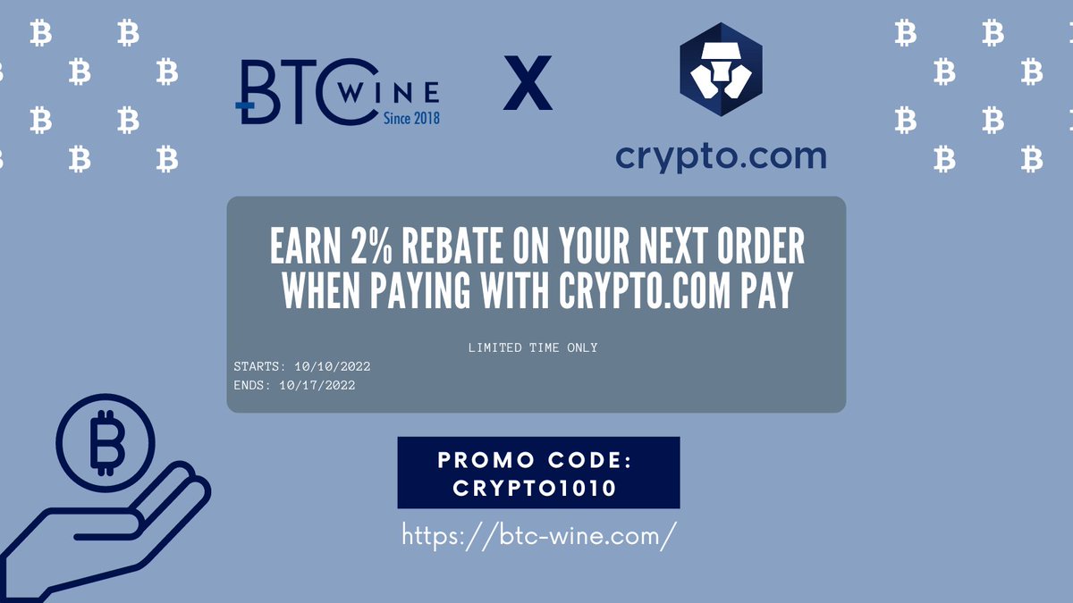 Take advantage of <a href="/cryptocom/">Crypto.com</a> X <a href="/BtcWine/">BTC Wine</a> 🔟/🔟 SALE happening NOW on btc-wine.com 

USE CODE "CRYPTO1010" TO EARN 2% REBATE.

How do I pay at online stores using Crypto.com App and Crypto.com Pay? 
help.crypto.com/en/articles/64…
