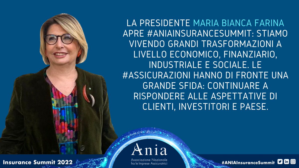 La Presidente Maria Bianca Farina apre #ANIAInsuranceSummit: Stiamo vivendo grandi trasformazioni a livello economico, finanziario, industriale e sociale. Le #Assicurazioni hanno di fronte una grande sfida: continuare a rispondere alle aspettative di clienti, investitori e Paese.