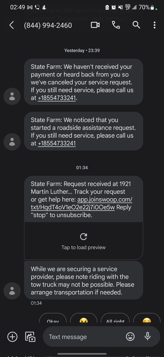 lekercy's tweet photo. @StateFarm is NOT on your side. Called for roadside assistance at 1130pm its currently 2 48am and still no ASSISTANCE. I already got charged 224 dollars for this and nothing. https://t.co/jMeiSaRkus