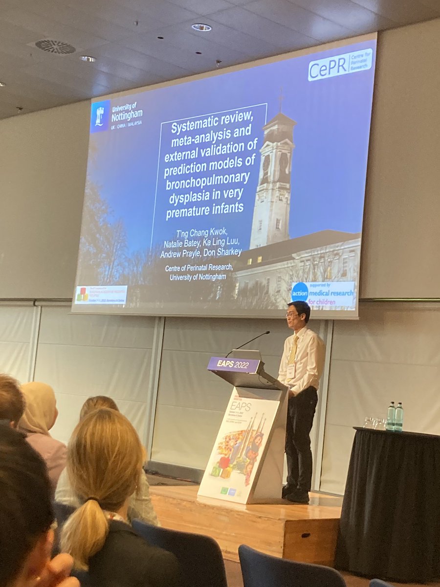 A brilliant presentation from the incredible @TngChang in the @EAPSCongress ESPR young investigator session. 

A systematic an external validation of prediction models in BPD in very premature infants - Laughton 2011 model most promising!

Further work needed on impact. #EAPS2022