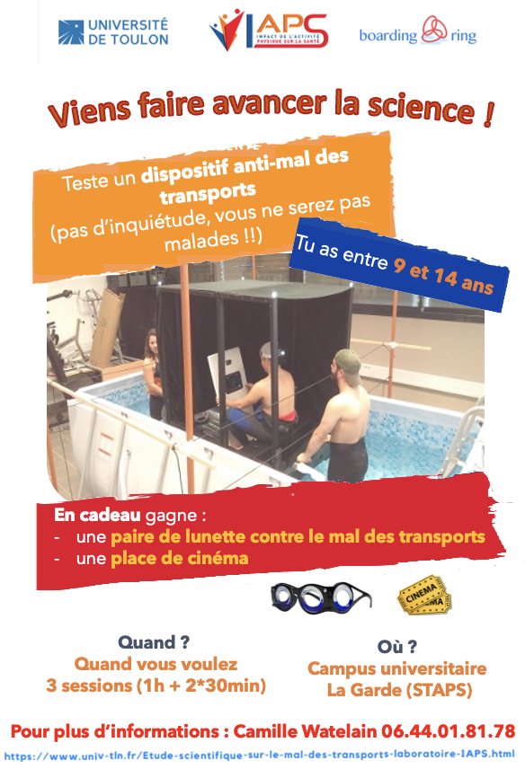 J-AP2S (@jap2s_lab) on Twitter photo Si vous avez entre 9 et 14 ans et le mal de mer, cette étude est faite pour vous ! Venez prendre part à la recherche au laboratoire IAPS, nous avons besoin de volontaires. Informations complémentaires dans le flyer. Contact : camille.watelain@hotmail.fr 0644018178 🚣♀️💪 Si vous avez entre 9 et 14 ans et le mal de mer, cette étude est faite pour vous ! Venez prendre part à la recherche au laboratoire IAPS, nous avons besoin de volontaires. Informations complémentaires dans le flyer. Contact : camille.watelain@hotmail.fr 0644018178 🚣♀️💪