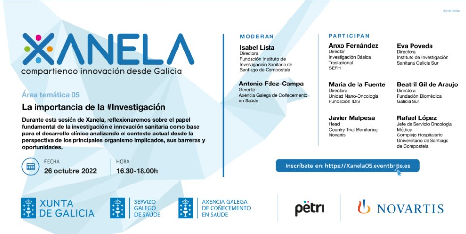 🤚Atención! Cita online para reflexionar sobre la #Investigación en #sanidad. Modera la Directora del #IDIS Isabel Lista y participa la directora de NanoOncología, María de la Fuente. 🗓️26/10 🕓16:30h Inscríbete bit.ly/3yvTMiC @Xunta @SanidadeXunta @SomosPetri @Novartis