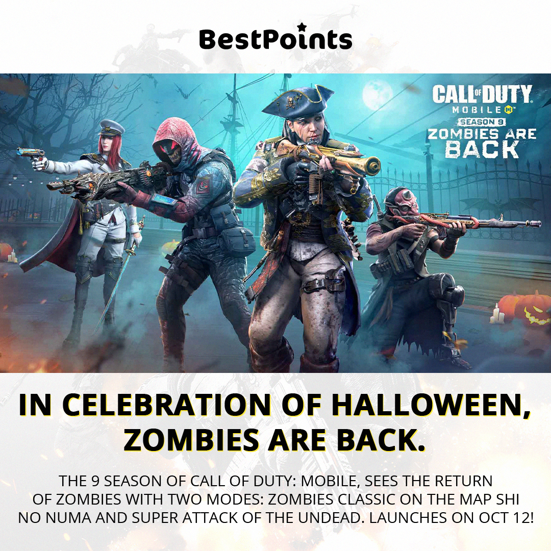 bestpointscd's tweet photo. In celebration of Halloween, Zombies are back. 🧟‍♀️ The 9 season of Call of Duty: Mobile, sees the return of Zombies with two modes: Zombies Classic on the map Shi No Numa and Super Attack of the Undead. Launches on Oct 12! 🔮

#bestpoints #cod #CallOfDuty #gaming #game #giftcards https://t.co/nbNtLGDdSE