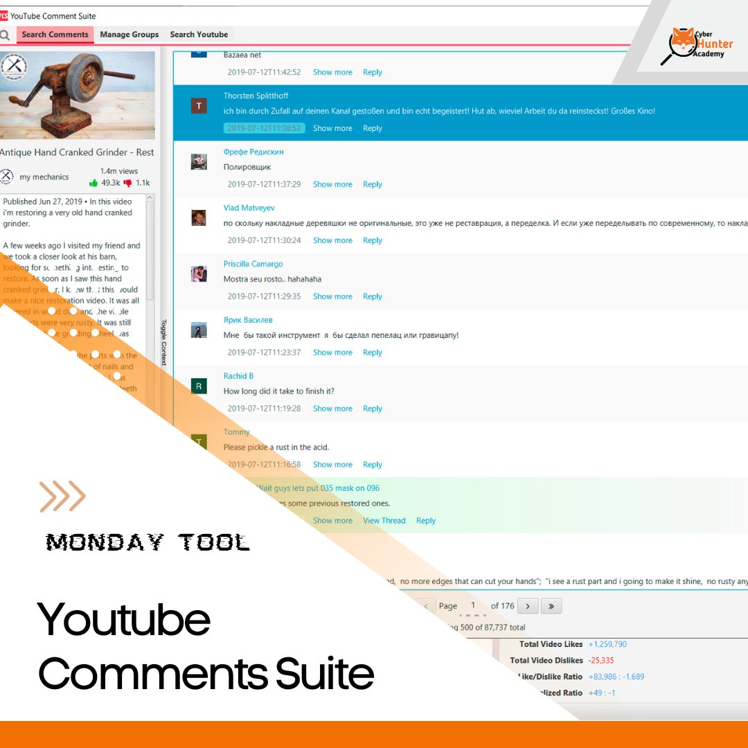 CyberHunterSec's tweet photo. 🔎 ¡Volvemos con otro Monday Tool! 🔎
Hoy toca hablar de Youtube Comment Suite.
Del mismo creador de la tool Youtube Data, esta suite con versión de instalación en windows… ¡es brutal!
#mondaytool #tool #cybertool https://t.co/bdOcLIx2cy