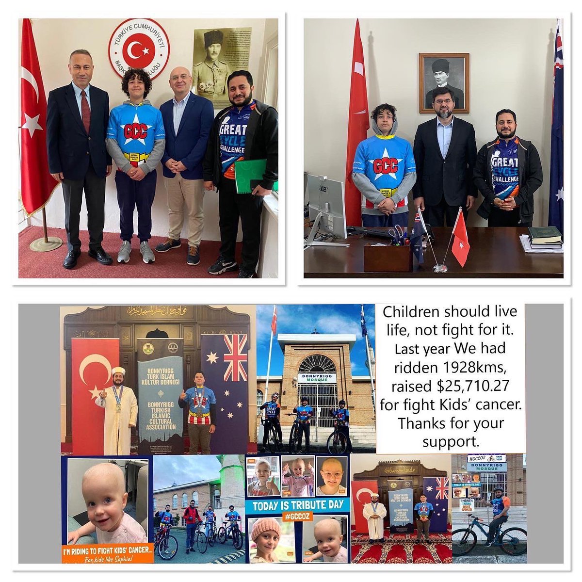 yasinhaya's tweet image. Sayın Başkonsolosumuz ve Sayın  Ataşelerimize teşekkür ediyoruz ❤️ Kanserle mücadeleye devam 🚴‍♂️👼🏻🦸‍♂️ Çocuklar bizim geleceğimiz. Bu yıl da Ekim ayında takım olarak yollarda olacağız inşaAllah 🤗 @SidneyBKons @cemgencoglu #greatcyclechallenge #gccoz #bonnyriggmosque