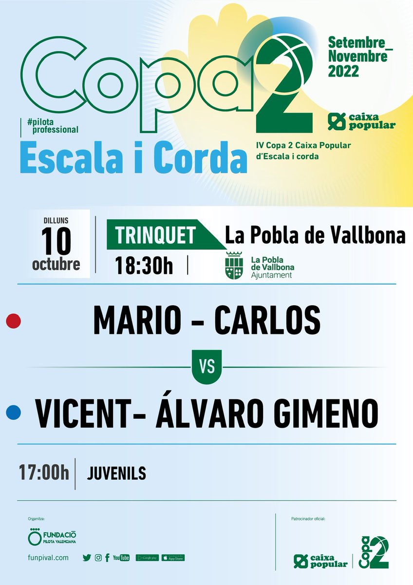 👋🏻 Dilluns!!! I la setmana comença amb partides de la VIII Copa <a href="/caixapopular/">Caixa Popular</a>  i IV Copa 2️⃣ al 📌 trinquet de l’<a href="/XeracoAjuntamen/">Ajuntament de Xeraco</a>  i la IV Copa 2️⃣  <a href="/caixapopular/">Caixa Popular</a> al trinquet de l’ <a href="/ajtlapobla/">Ajuntament La Pobla</a> 

#pilotaprofessional #copacaixapopular22 #copa2caixapopular22