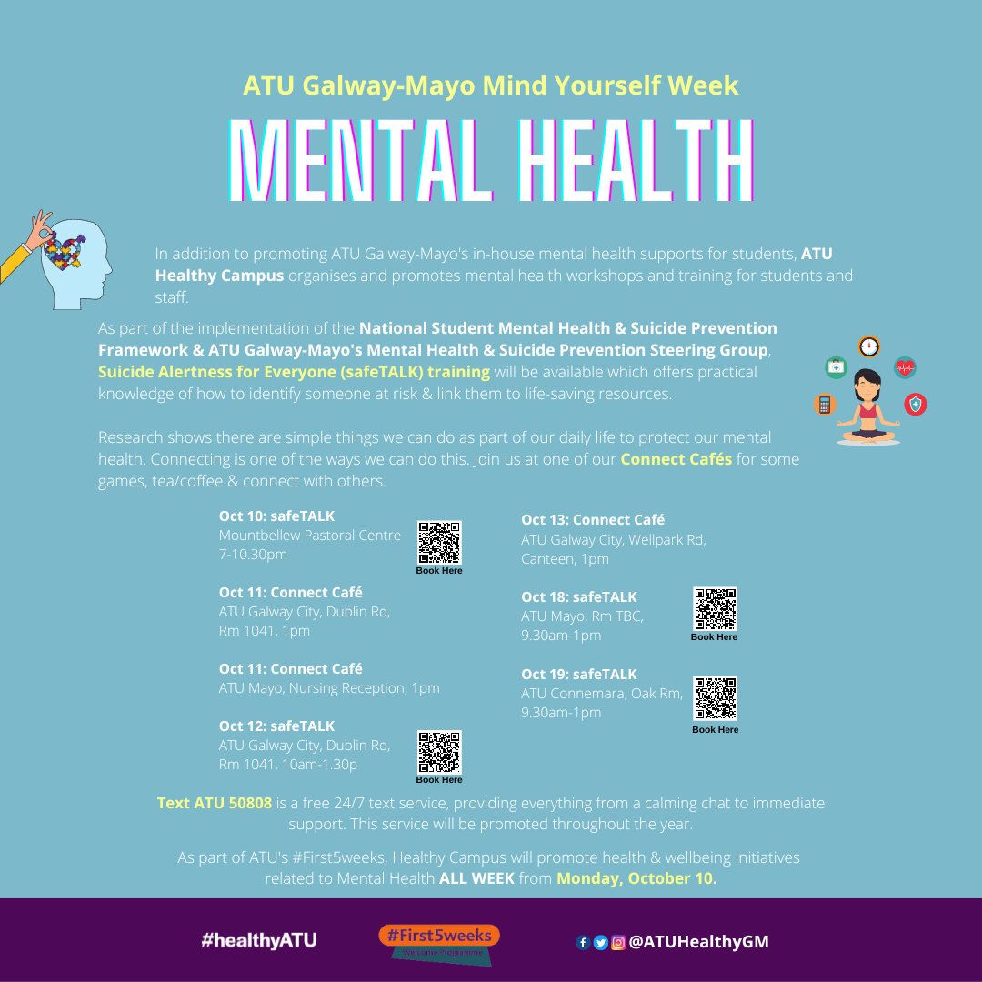 ATUHealthyGM's tweet photo. We're kicking off #MindYourself Week, part of @atugalwaycityss #First5weeks Student Welcome Programme, with #MentalHealth #safeTALK &amp; #ConnectCafe activities running throughout the week in @ATU_GalwayCity @MountbellewAgri @ATU_Mayo @ATU_GALWAY_SDCA @ATU_Connemara💚Check them out! https://t.co/HknU1W9OGr