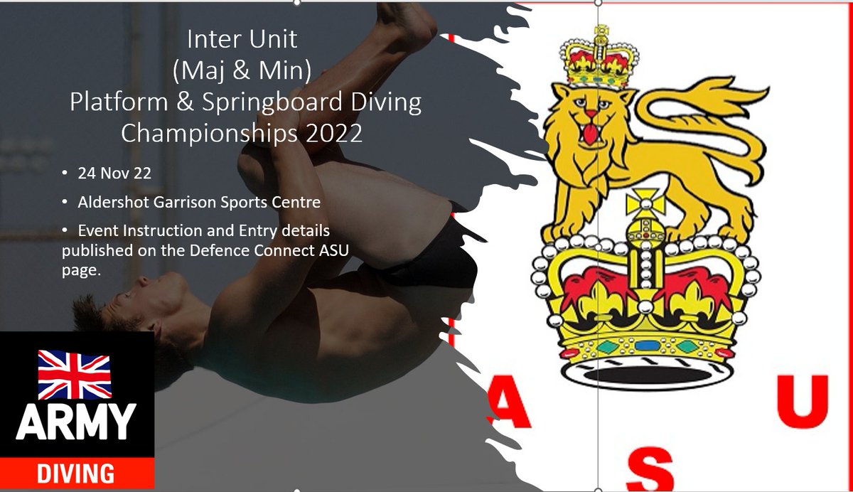armyaquatics's tweet photo. ARMY SWIMMING UNION β INTER UNIT TEAM (MAJ & MIN) & INDIVIDUAL PLATFORM & SPRINGBOARD CHAMPIONSHIPS 23 & 24 NOV 22
For more details and how to enter go to Defence Connect on the following link: https://t.co/pVmPWZ5xSK
@ArmySportASCB
#ArmyDiving https://t.co/v2KlceT6Od