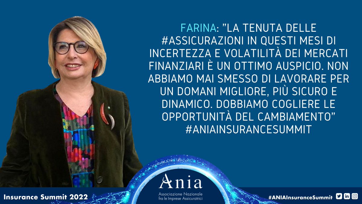 Farina: "La tenuta delle #Assicurazioni in questi mesi di incertezza e volatilità dei mercati finanziari è un ottimo auspicio. Non abbiamo mai smesso di lavorare per un domani migliore, più sicuro e dinamico. Dobbiamo cogliere le opportunità del cambiamento"
#ANIAInsuranceSummit