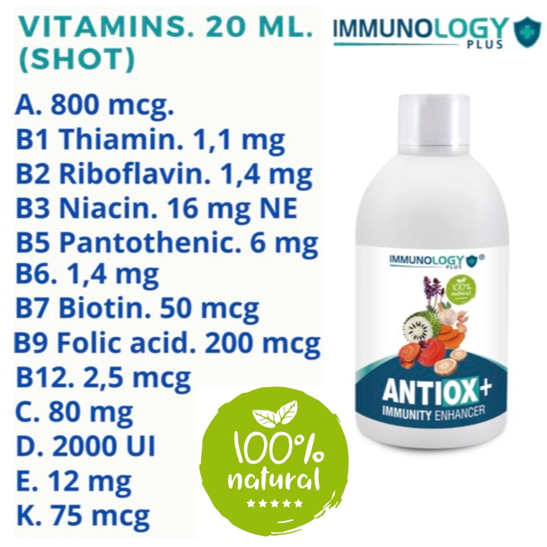 immunologyplus.com

Con cada shot de 20 ml aportamos todas estas vitaminas, lo hacemos de forma natural y sin estar sintetizadas por procesos químicos