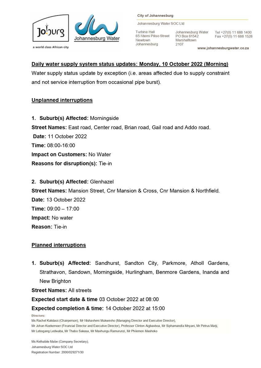 JHBWater's tweet photo. Daily water supply system status updates: Monday, 10 October 2022 (Morning) #JoburgUpdates ^K https://t.co/WZNKE5AIFc
