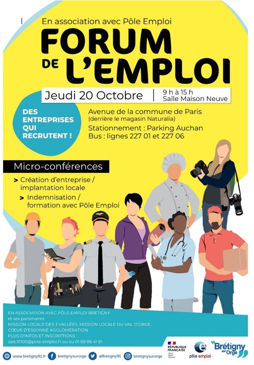 ‼️ Le POLE EMPLOI de Brétigny Sur Orge et ses partenaires organisent le FORUM de l'EMPLOI, le 20 octobre 2022, Salle Maison Neuve à Brétigny Sur Orge.
Inscrivez-vous pour nous rejoindre! 
Découvrez le programme de la journée! ⤵️ 
#PoleEmploiBretigny #TousMobilisés #Forum #Emploi