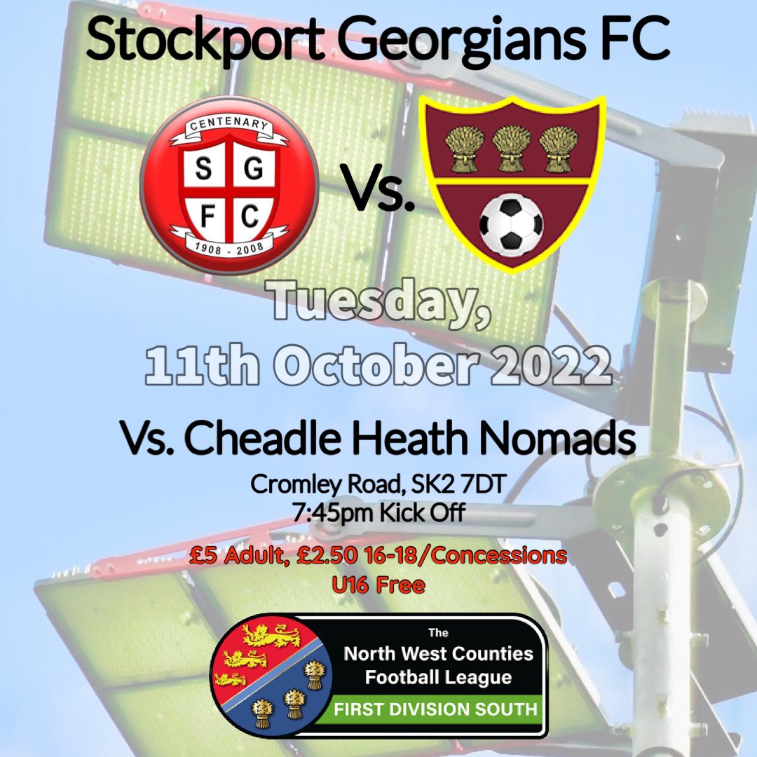 𝗧𝗨𝗘𝗦𝗗𝗔𝗬 ➡️ <a href="/CheadleNomads/">Cheadle Heath Nomads</a> (H)

Tomorrow, for the first time in our 114 year history, we play under lights at Cromley Road 🤩

🏟 Cromley Rd SK2 7DT
📆 11/10/22
🏆 <a href="/nwcfl/">The NWCFL ⚽️</a> 1st Division South
⏰ 7:45pm KO
🎟 Adults £5, 16-18/Concessions £2.50, U16s Free
🗞 Programme £2

#SGFC