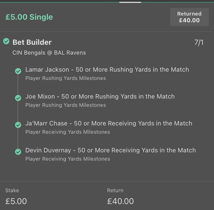 ForNfltips's tweet photo. Booooooom SNF bet builder lands at a lovely 7/1. Shame about the ladder but with the #TNF 12/1 winner too, it’s been a nice profitable weekend. I’ll get a #MNF bet builder sorted for tonight’s action! #winner8 #NFL #NFLTwitter #NFLTips #RuleTheJungle #RavensFlock https://t.co/jpdevIAMH8