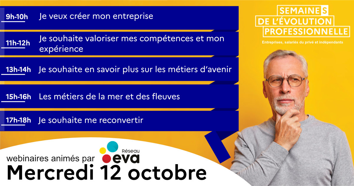 [Jour 3] Aujourd'hui, le Réseau EVA animera 5 des 10 webinaires du jour et dès 9h ! 🔥
👉 Retrouvez toutes les infos et le programme complet ici : semaine-evolution-professionnelle.fr