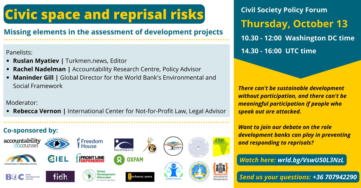 The @WorldBank can - and SHOULD - take actions to ensure communities affected by its projects can safely: 📢 speak out 👎express their concerns ❓raise questions On Oct 13 don't miss this session on civic space, reprisal risks, and the role of devt banks: wrld.bg/VswU50L3NzL