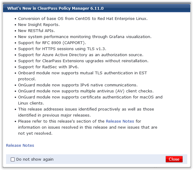 alagoutte's tweet photo. ClearPass 6.11.0 (#CPPM) is available ! with some good news !
-> New API !! (with Enforcement profil ! soon on @PowerAruba #PowerArubaCP)
-> Support of #CAPPORT protocol #RFC8909 (@timcappalli :)) 
-> using Open VMware Tools !! (no on the release notes...) 
-> Support of Azure ?! https://t.co/GP90EqUFgx
