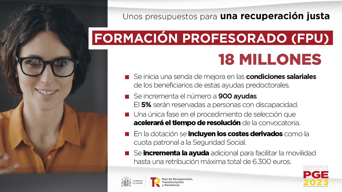 UniversidadGob's tweet photo. Las ayudas para contratos predoctorales para la formación del profesorado universitario (FPU) tienen grandes novedades en relación con las convocatorias anteriores.

El incremento de 18 millones de euros con respecto a la convocatoria de 2022 supone las siguientes mejoras. 👇 https://t.co/BwDQnDh7El