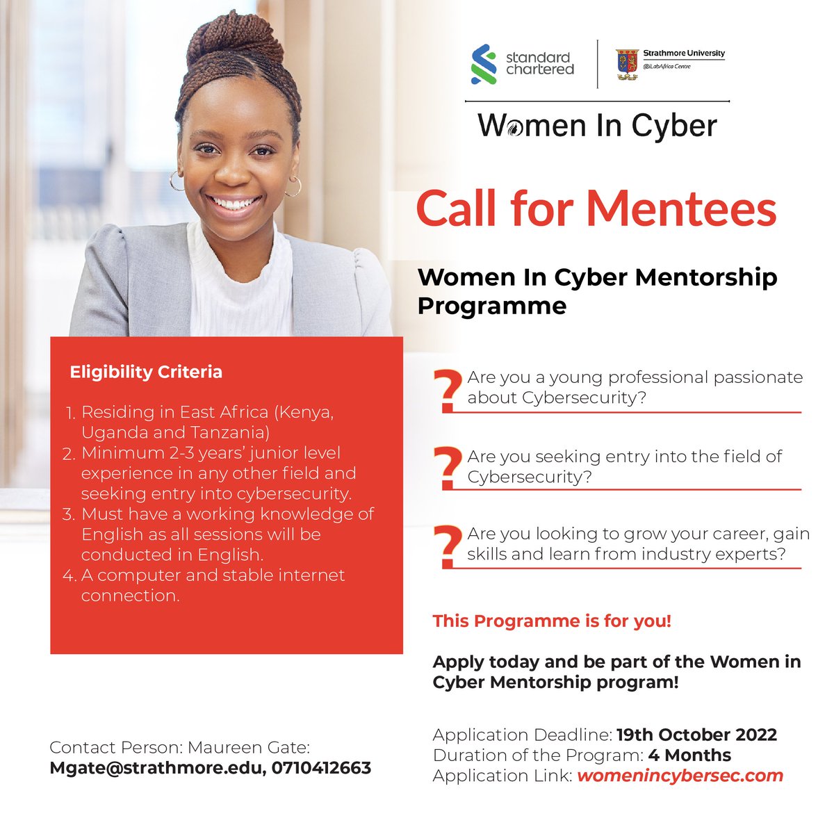 Are you a Cybersecurity expert or is it an area that you are interested in? We are partnering with Strathmore University to offer a game-changing mentorship program in cybersecurity. Visit womenincybersec.com to register. #SCWomenInCyber