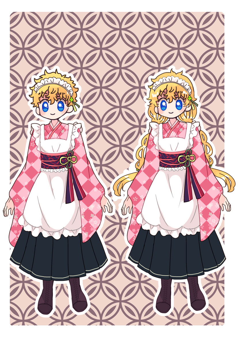 blue eyes blonde hair japanese clothes kimono maid headdress apron smile  illustration images