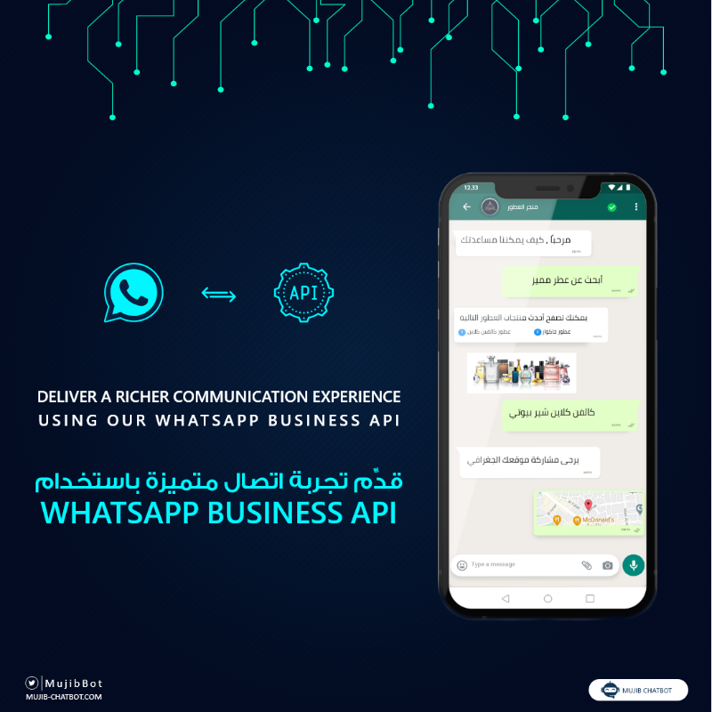 Mujib_Chatbot's tweet photo. ✅ احصل على شات بوت خاص بعملك الآن، حيث يمكن إنشائه بنفسك والربط مع الواتساب بسهولة للاستفادة من مميزات WhatsApp Api 

👋 لمعرفة المزيد، احجز طلب تواصل الآن مع أحد المختصين من خلال الرابط التالي