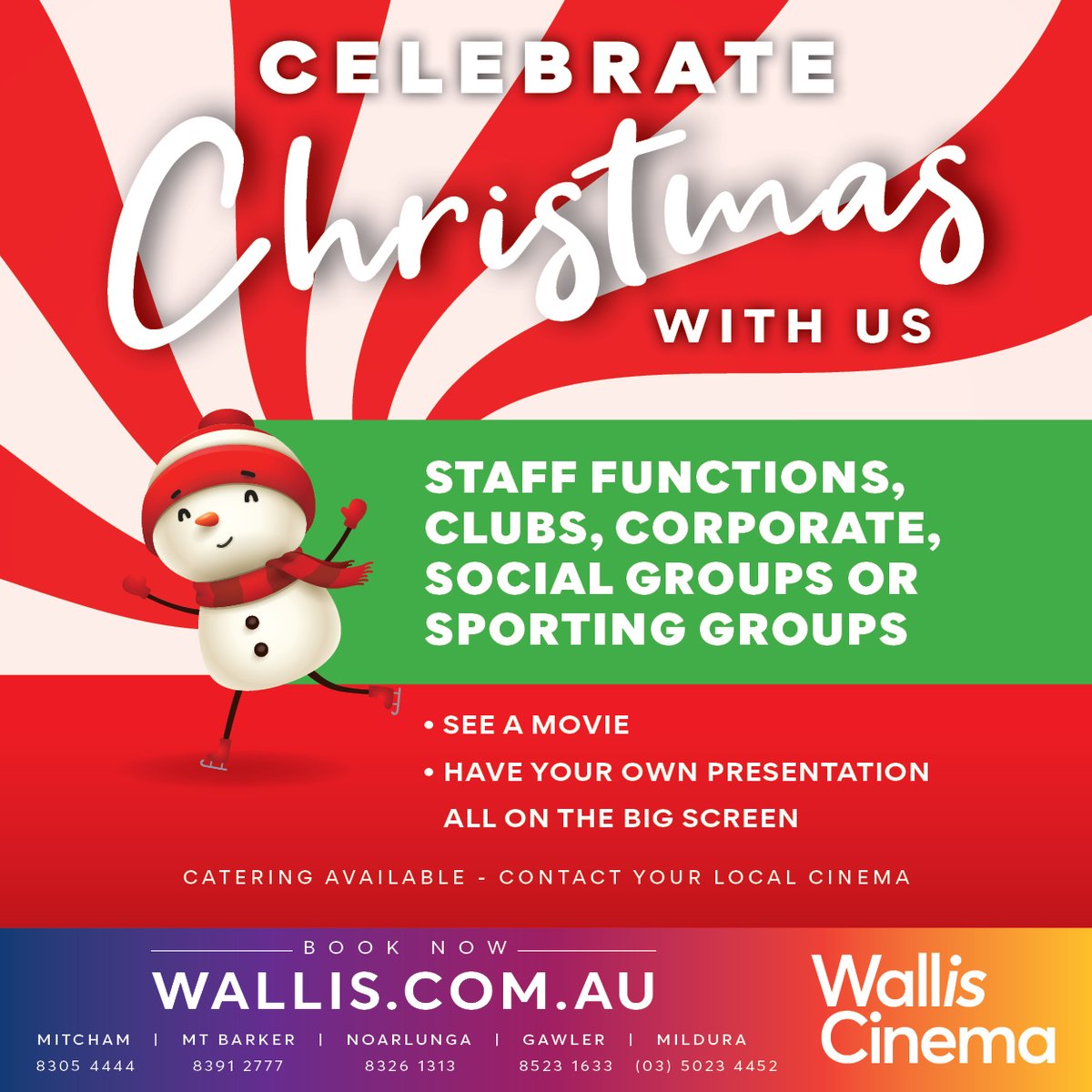 Wallis_Cinemas's tweet image. It's almost the most wonderful time of the year 🎄 why not celebrate with us?

With catering packages available and big screen entertainment, our end-of-year functions are a great way to get the team together and celebrate.

#walliscinemas #christmasfunctions #functions #cinemas