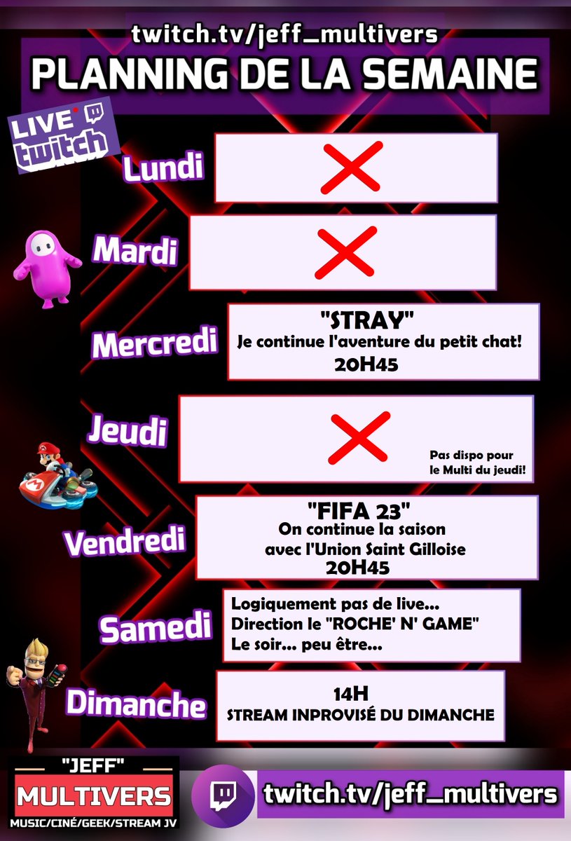 Jeff_Multivers's tweet photo. Planning de la semaine !! 😊🎮☺️
▶️ https://t.co/brTNQOvD1C
#live #twitch #streaming #stream #Streamer #gamer #game #gaming #Steam #pc #ps5 #ps4 #nintendo #switch #vendee #jeffmultivers #enjoy #friends #elgato #shure #solo #duo #Multi #stray #fifa23 https://t.co/veQBYhf5C6