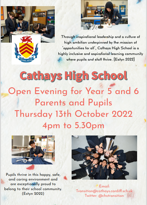 chstransition's tweet image. Our Open Evening @CathaysHigh is this Thursday! Year 5 and 6 parents and guardians welcome to attend! Current Year 7 parents/guardians - your child would have brought home a letter about the Open Evening. Please email Transition@cathays.cardiff.sch.uk if you have not received it.