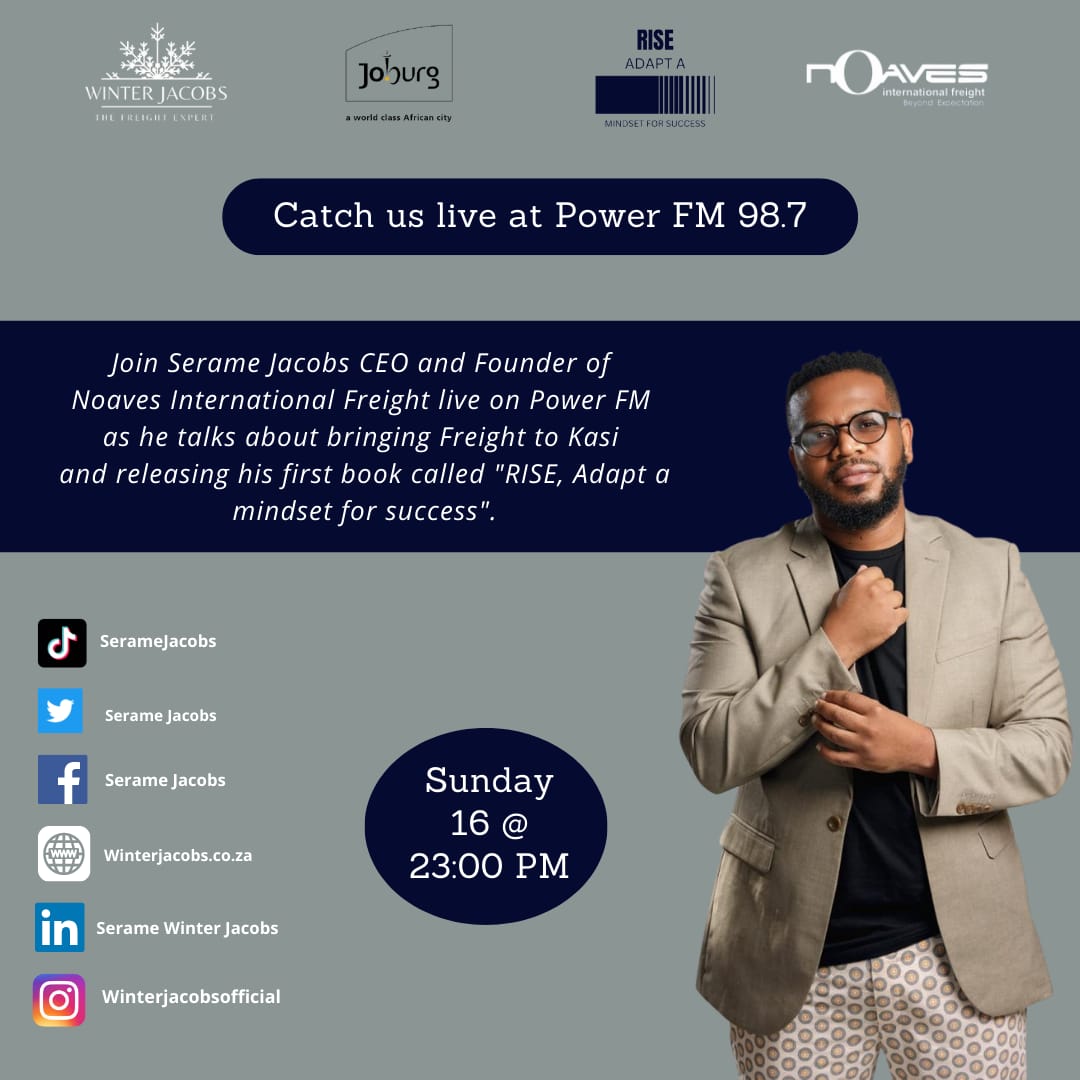 Catch CEO and founder of Noaves International Freight on the 16th of October at Power FM 98.7. 

#powerfm #noaves #winterjacobs #import #freight #export #freightexpert