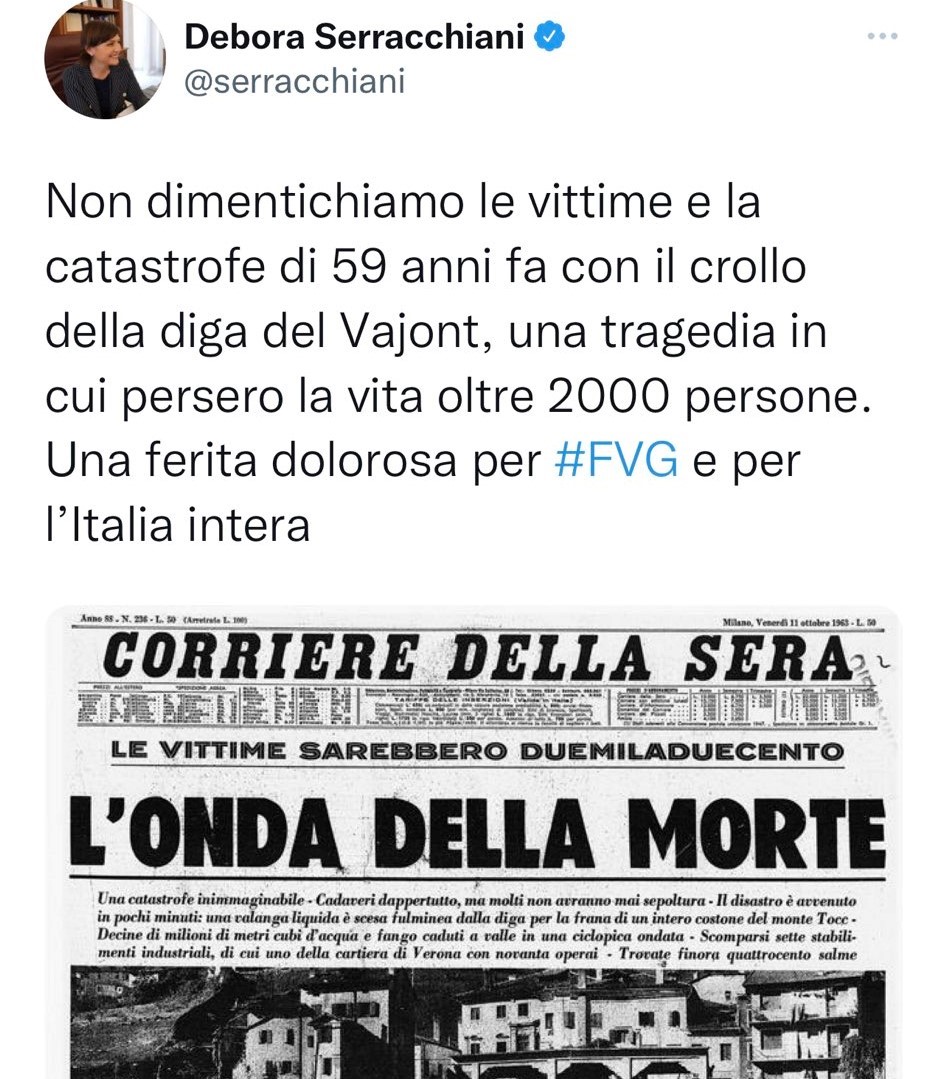Giorgiolaporta's tweet photo. Qualcuno spieghi cortesemente alla #Serracchiani, magari aiutandosi con un plastico rubato a #PortaaPorta che la diga del #Vajont non è mai crollata.
Lei è stata presidente del #FriuliVeneziaGiulia ed è talmente brava che l'hanno promossa a capogruppo del #PD.
#10ottobre https://t.co/2W6vAneHOV