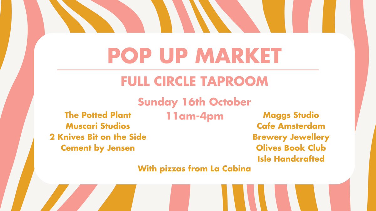 craftbeerncl's tweet photo. Making plans for the weekend already? Check out the brand new Pop Up Market at @fullcirclebrew!

Sunday 16th October • 11am - 4pm

From homeware, plants + pots, hand baked treats, pizzas, and Dutch beers, to indie books, soy candles, handmade earrings, brewery jewellery + more! https://t.co/2Niixei740