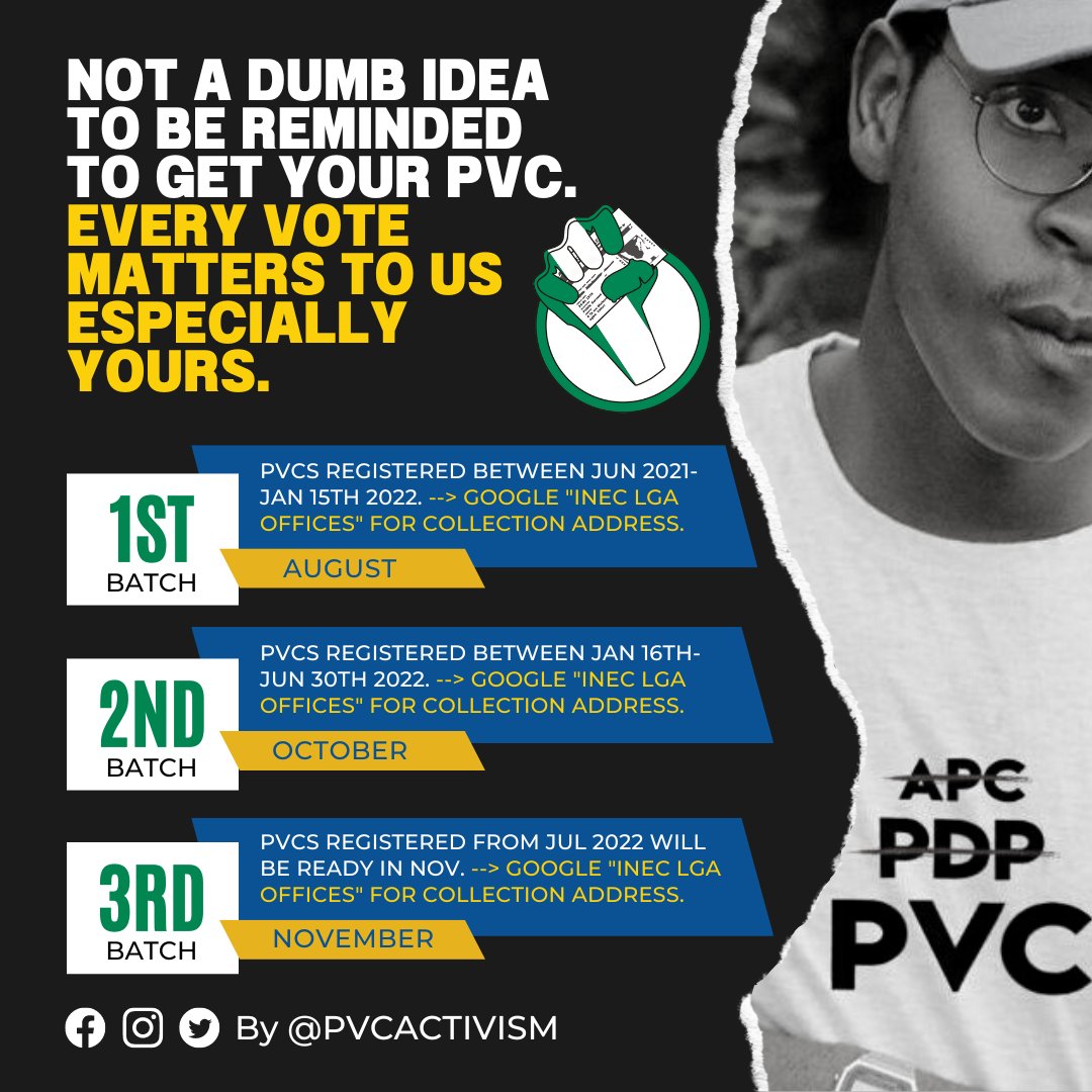 Give our PVC Collection Campaign a 1,000,000+ impressions on all socials: FB, Twi, IG, Blogs, Linked In, and WhatsApp. Kindly save and broadcast.
______
#ASUUstrike Japa Dangote Lagosians #LittleWomen NURTW MC Oluomo #Tacha Tacha Wizkid Obasanjo Ondo iPhone 14 #EndSARS