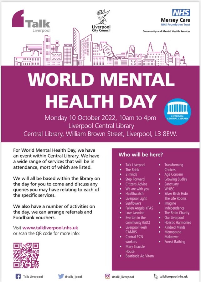 Mersey_Care's tweet photo. This #WorldMentalHealthDay go along to our event @Lpoolcentlib from 10am to 4pm 💙

There will be various services on hand to offer support and they will be able to answer any questions that you might have 💙

For more information ⬇

#WMHD2022 #WMHD #MentalHealth https://t.co/parolZa4JX