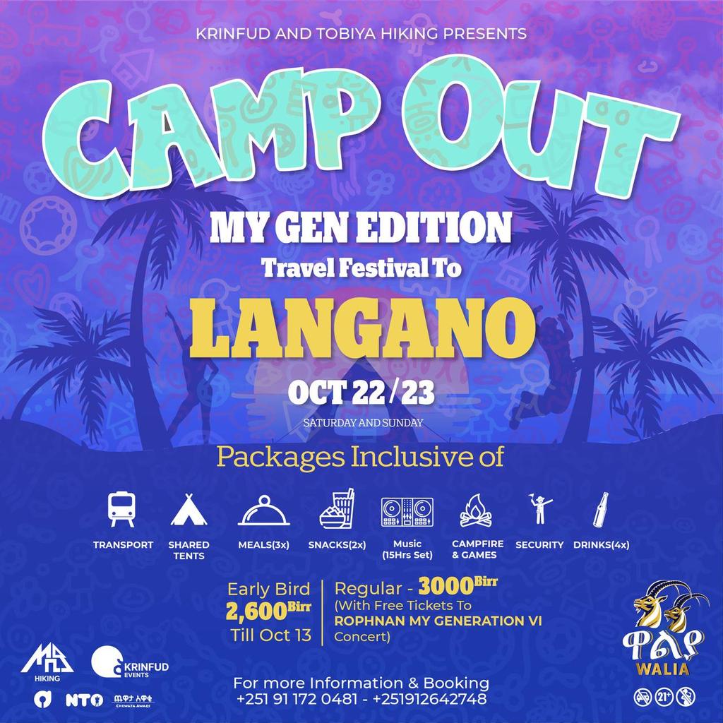 @campout_et travel festival is back with its 4th edition, "My GEN Edition at langano".
A two-day, one-night journey from October 22 to October 23

Use this link to book and purchase tickets: 
cutt.ly/rBgdJtF
for more info 
0911720481 / 0912642748