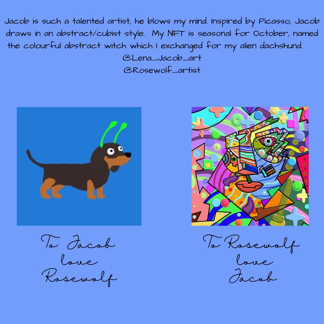 Rosewolf_artist's tweet photo. Another week, another swap and I got to swap with a master this week, the young Picasso, that is Jacob 
@Lena_Jacob_art. I love his cubist style. Check out this abstract witch I exchanged. ⬇️
#nfts #nftcommunity #nftswaps https://t.co/pF7ldCgmGY