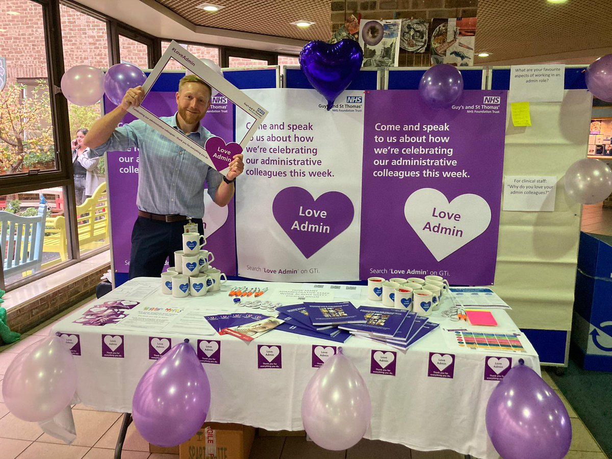 sophgoddard's tweet photo. 💜💜💜 #LoveAdmin stalls across @GSTTnhs this week. Pics of Guy’s and Royal Brompton Hospital stalls below, modelled by @DavidWynneJone4 Come and pop by💜💜💜 https://t.co/W042ZM3WxP
