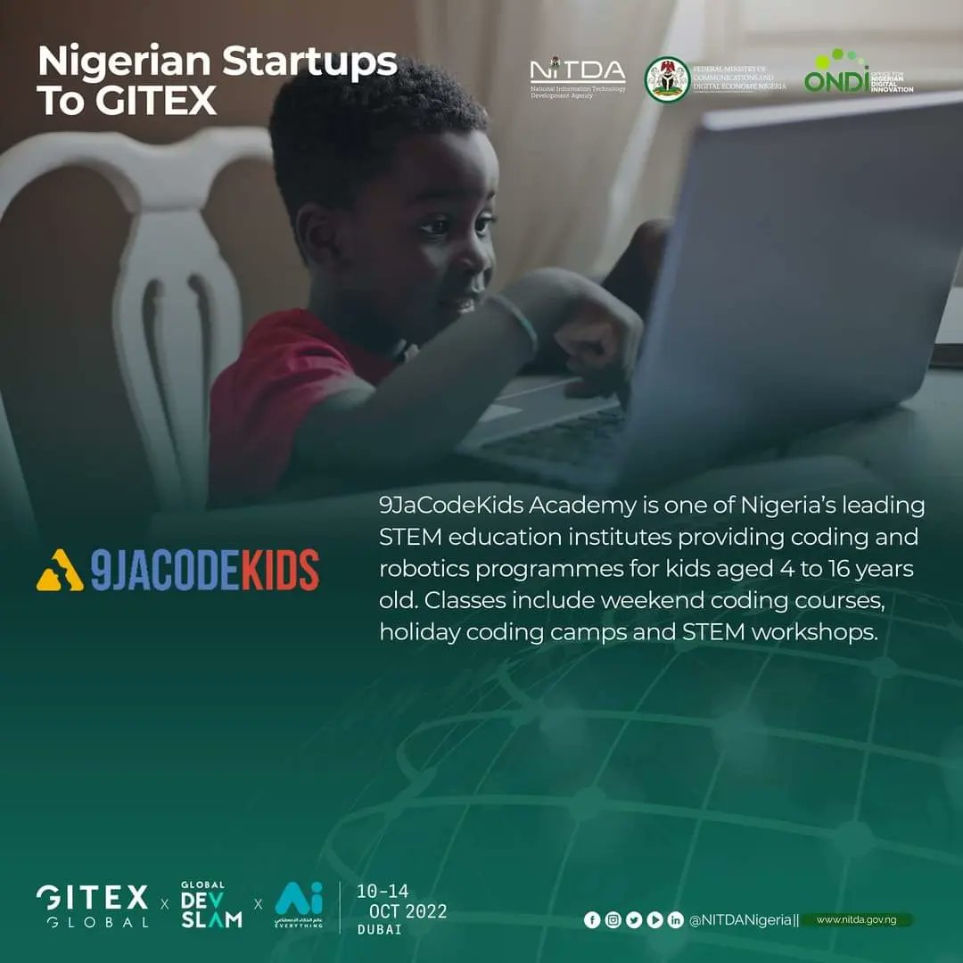 ONDINigeria's tweet photo. Nigeria's participation is being facilitated by @NITDANigeria under the supervision of @FMoCDENigeria
#NigeriaatGITEX2022Β #GITEX2022 #Nigenius #Brycoal #Foxpay #9jacodekids #Nigerianstartups #ONDINigeria #NITDANigeria https://t.co/8NGVTV4XKD