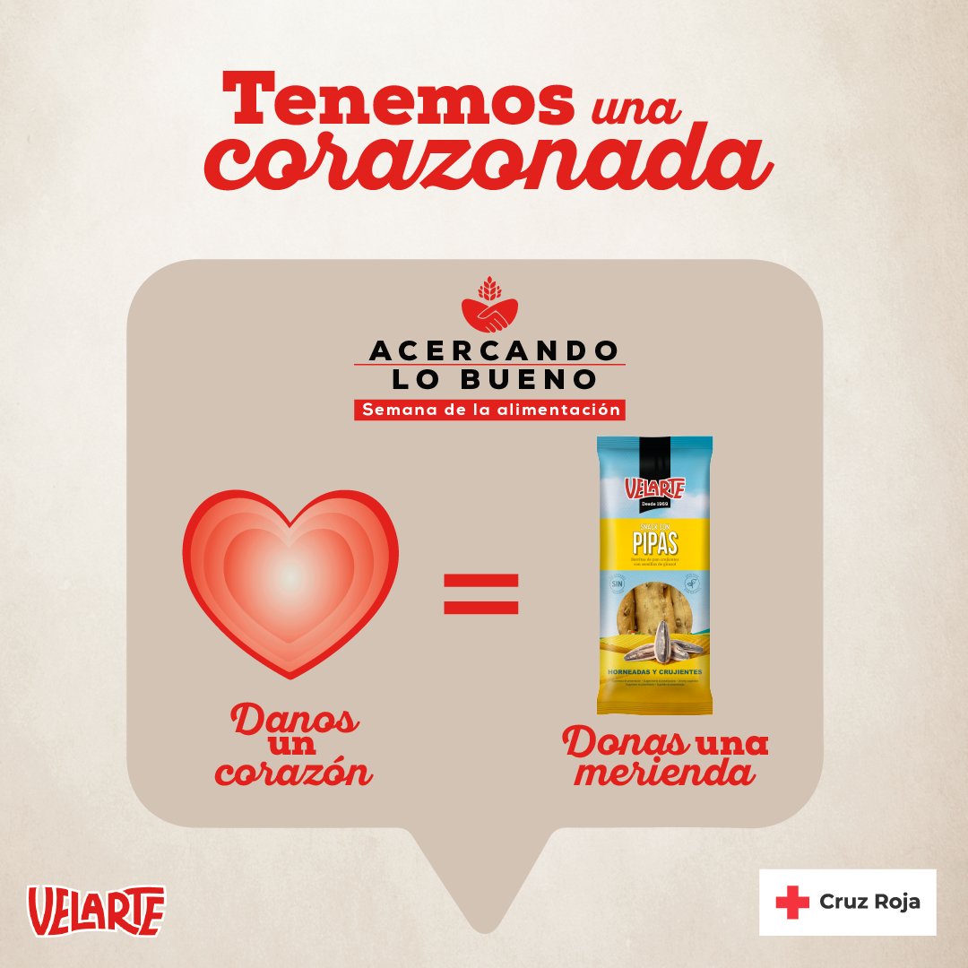 Velarte (@velarte_es) on Twitter photo Nos preparamos para el #DíadelaAlimentación con <a href="/CruzRojaCV/">Cruz Roja CV</a>. Y es que por cada ❤️ que consiga esta publicación vamos a donar una merienda. ¿Nos ayudas a sumar meriendas hasta el 16/10?
#Velarte #CruzRoja #Valencia #colaboracion #alimentos #Inclusión #AlianzasCruzRoja Nos preparamos para el #DíadelaAlimentación con <a href="/CruzRojaCV/">Cruz Roja CV</a>. Y es que por cada ❤️ que consiga esta publicación vamos a donar una merienda. ¿Nos ayudas a sumar meriendas hasta el 16/10?
#Velarte #CruzRoja #Valencia #colaboracion #alimentos #Inclusión #AlianzasCruzRoja
