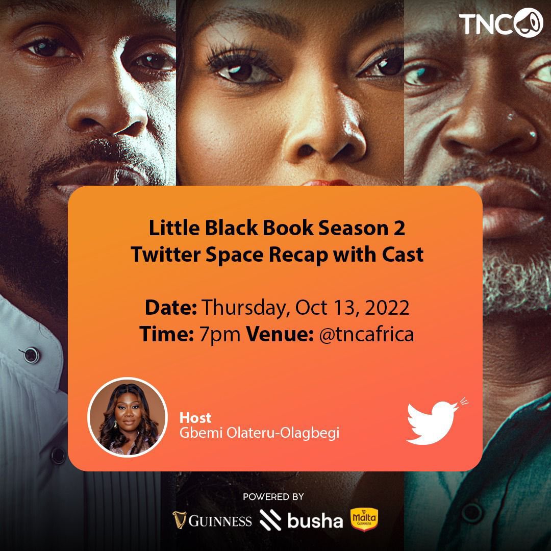 DikaOfoma's tweet photo. Please join us this Thursday for the final #LBBSeries space for the season. And this time, @GbemiOO, @tncafrica’s co-founder and an executive producer of Little Black Book, will be leading the conversation with the cast. Come with your questions and comments. ❤️ https://t.co/Eq2sbimGSa