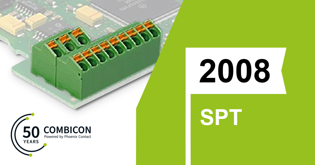 50 vuotta #COMBICON virstanpylväitä - Kansainväliset synergiat vuonna 2008: Kehitämme SPTA 1 -jousivoimaisen piirikorttiliittimen yhdessä japanilaisen asiakkaan kanssa. Kompakti ratkaisu ja nopea liitäntä push-in-tekonologian ansiosta. 
👉phoe.co/combicon50year…
#combicon50years
