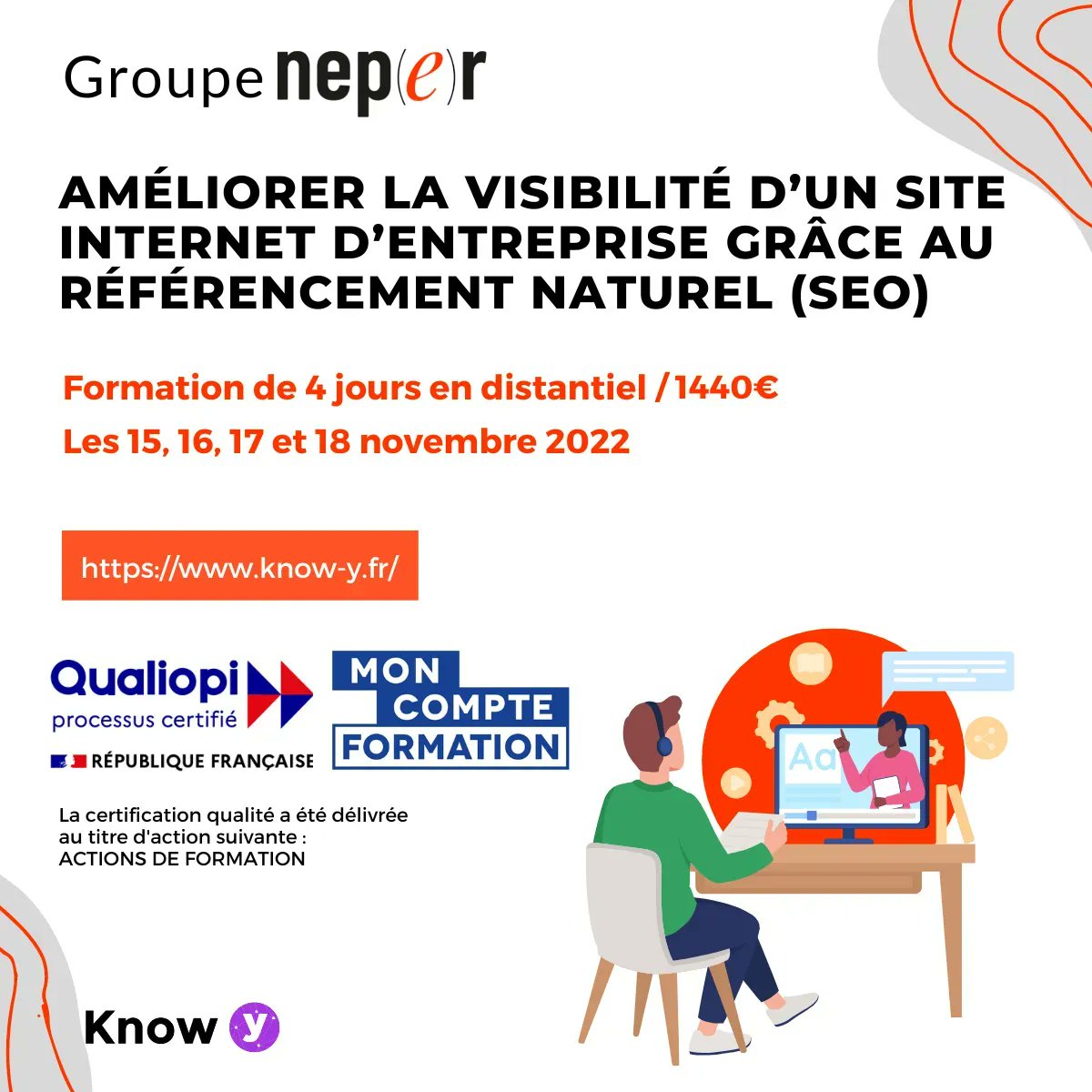 KnowY_fr's tweet photo. #Formation Inter Entreprise #CPF

@LigeronPatrick  animera les 15, 16, 17 et 18 novembre 2022, la formation sur « Améliorer la visibilité d’un site internet d’entreprise grâce au référencement naturel (SEO)"

Cette formation #SEO est éligible au #CPF !
: https://t.co/JMNCvigf3M https://t.co/pi5nJWvlXp