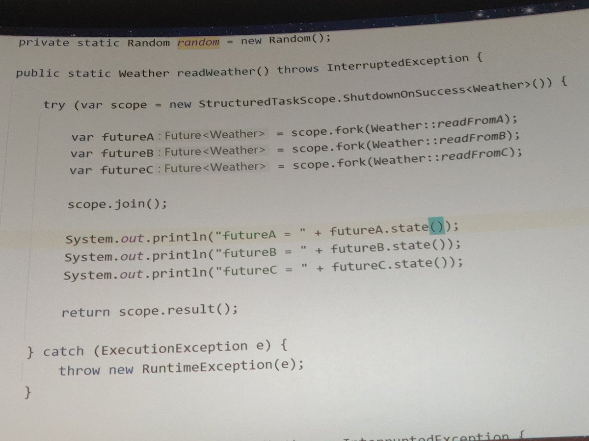 mariofusco's tweet image. Structured concurrency is experimental in Java 19. The example queries 3 weather services returning on the fastest successful response. Similar to anyOf() method with the difference that the latter returns on the first result regardless if successful or not. #Devoxx #ProjectLoom