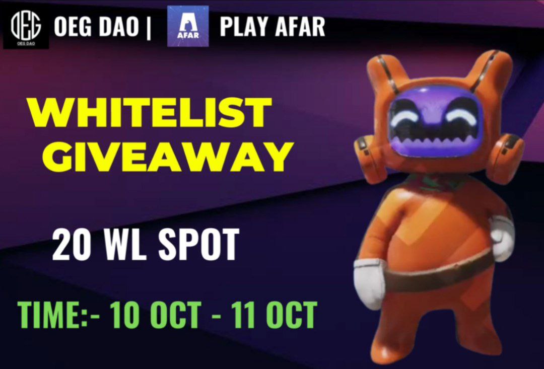 😱😱 Massive #Giveaway X <a href="/playafar/">AFAR Rush: Mobile Game 📱</a>

🏆🏆Prize Pool - 20 WL Spots

To Enter ⤵️
1⃣ Follow @DAOOEG &amp; <a href="/playafar/">AFAR Rush: Mobile Game 📱</a>
2⃣ ❤, RT &amp; Tag 3 Friends
3⃣ Finish Gleam : wn.nr/dZVJPD

11th OCT ⏰

#Giveaways #FreeMint #NFT #Airdrop