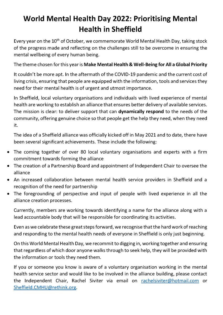 Rethink Mental Illness Sheffield (@rethinksheff) on Twitter photo <a href="/RethinkSHEFF/">Rethink Mental Illness Sheffield</a> is proud to be playing a role in the establishment of an alliance of mental health service providers in Sheffield. As we mark #WorldMentalHealthDay2022, please find below the progress we have made so far. <a href="/RethinkSHEFF/">Rethink Mental Illness Sheffield</a> is proud to be playing a role in the establishment of an alliance of mental health service providers in Sheffield. As we mark #WorldMentalHealthDay2022, please find below the progress we have made so far.