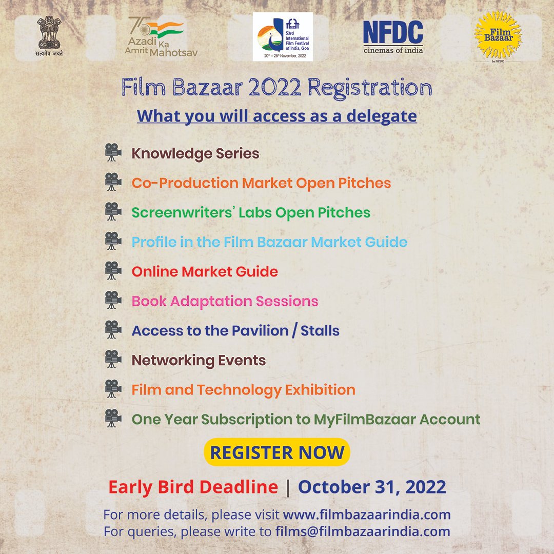 filmbazaarindia's tweet photo. Registrations Open: Grab the early bird spots before October 31, 2022, and get exclusive access to South Asia’s largest film market from November 20-24, 2022 in Goa. 
#NFDC #FilmBazaarIndia #FilmMarket #CPM #WIPLab #MarketScreenings #EarlyBird #WIPLab2022 #VR2022 #FilmBazaar2022 https://t.co/NrCN3aTbLO