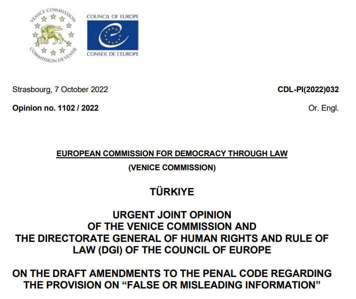 #Turkey's 'disinformation regulation': Obstacle to #freedomofexpression, @VeniceComm The 'Anti-Disinformation Law', which was criticized by the opposition as a '#censorship law', were adopted with AKP and MHP votes in the #Turkish Parliament Read more: venice.coe.int/webforms/docum…
