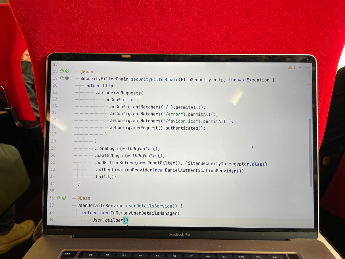 In the Thalys to <a href="/Devoxx/">Devoxx</a> , security web apps at 300km/h 🔐🚅

Wonder why there are no “.and()” in my security config?

Intrigued by those Filter and AuthenticationProvider I’m building? Want to build your own?

Then come attend “Spring Security demystified 🕵️”, tomorrow morning!