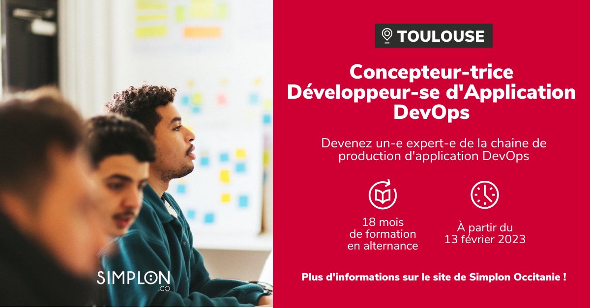 Devenez un-e expert-e de la chaine de production d'une application dans un environnement #DevOps (Titre RNCP Bac+3/4 et Certification DevOps).

Candidatez dès maintenant et intégrez demain notre formation gratuite en alternance pour un emploi assuré occitanie.simplon.co