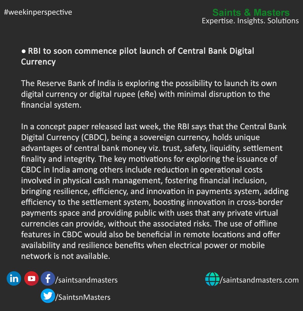 SaintsnMasters's tweet photo. Top news of the week
● RBI to soon commence pilot launch of Central Bank Digital Currency
Read the full story here: https://t.co/XwjOtzC3KH
#weekinperspective #saintsandmasters  #rbi #CBDC #Digital #Currency https://t.co/nVwEB6GA8g